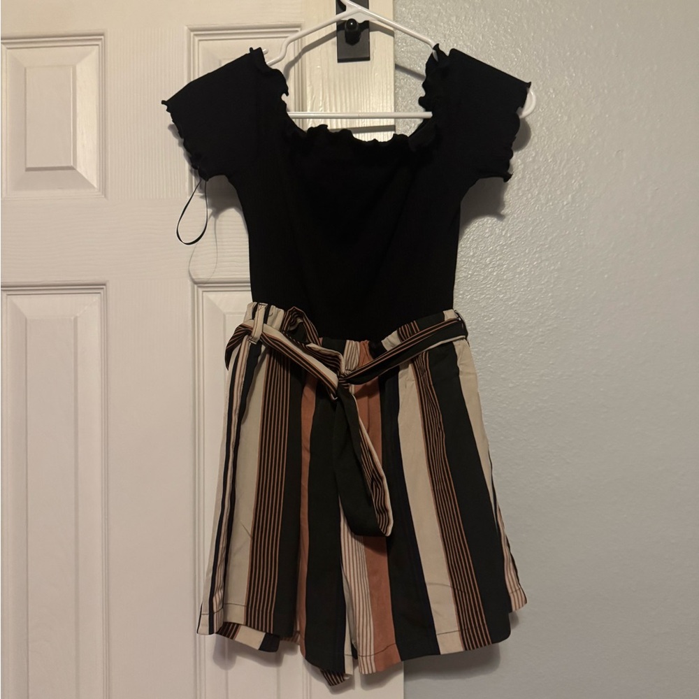 Black Off-Shoulder Top with Striped Shorts